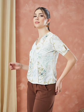 Latin Quarters Women's Ivory Half Sleeves Printed V-Neck Casual Top