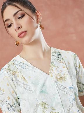 Latin Quarters Women's Ivory Half Sleeves Printed V-Neck Casual Top