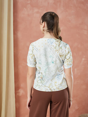 Latin Quarters Women's Ivory Half Sleeves Printed V-Neck Casual Top