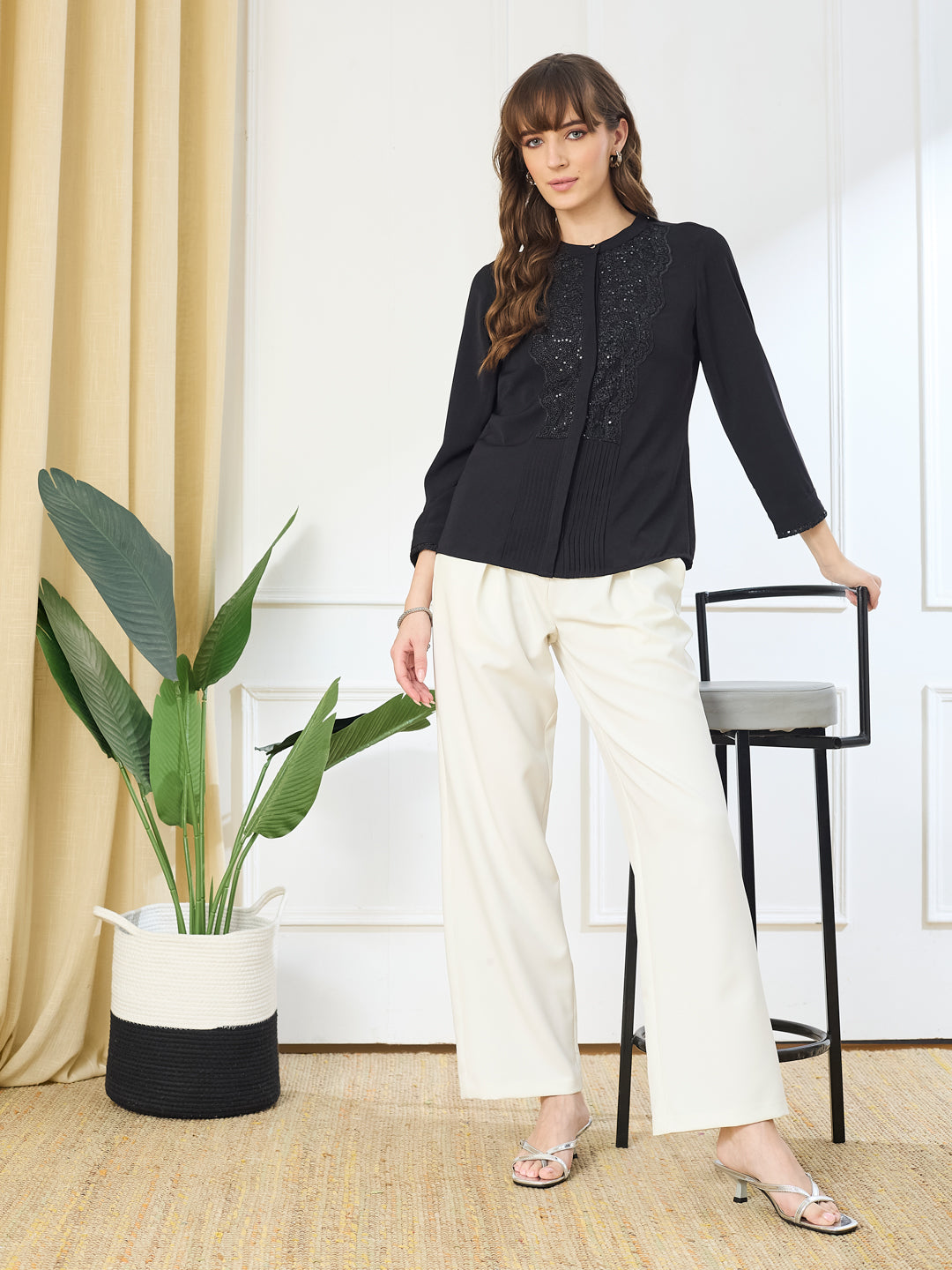 Latin Quarters Women's Black 3/4th Sleeves Mandarin Neck Casual Embellished Tunic