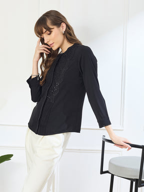 Latin Quarters Women's Black 3/4th Sleeves Mandarin Neck Casual Embellished Tunic