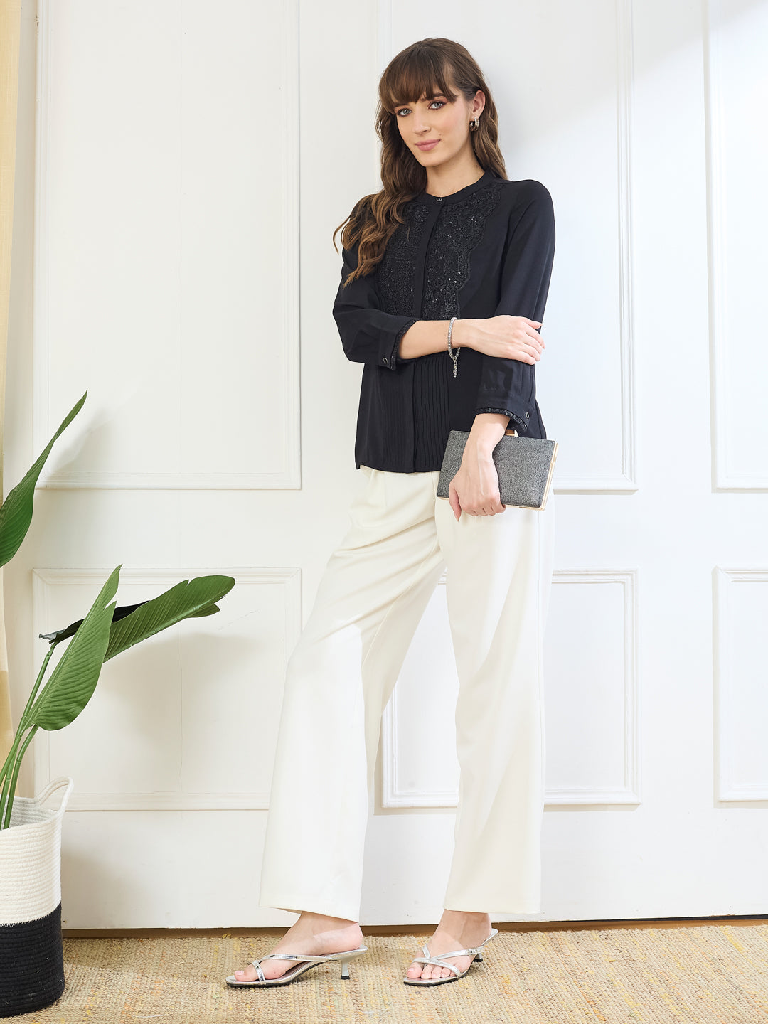 Latin Quarters Women's Black 3/4th Sleeves Mandarin Neck Casual Embellished Tunic