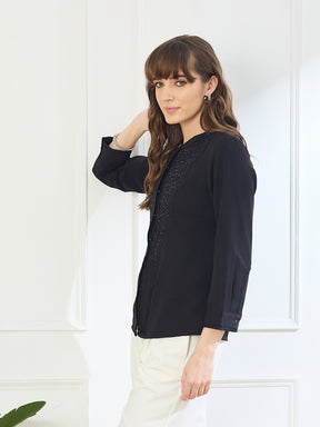 Latin Quarters Women's Black 3/4th Sleeves Mandarin Neck Casual Embellished Tunic