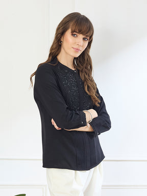 Latin Quarters Women's Black 3/4th Sleeves Mandarin Neck Casual Embellished Tunic