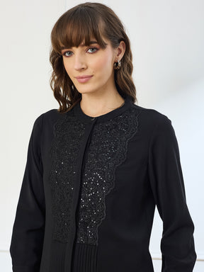 Latin Quarters Women's Black 3/4th Sleeves Mandarin Neck Casual Embellished Tunic