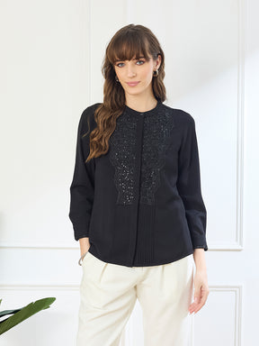 Latin Quarters Women's Black 3/4th Sleeves Mandarin Neck Casual Embellished Tunic