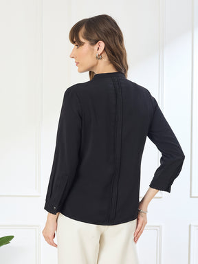 Latin Quarters Women's Black 3/4th Sleeves Mandarin Neck Casual Embellished Tunic