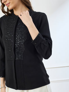 Latin Quarters Women's Black 3/4th Sleeves Mandarin Neck Casual Embellished Tunic