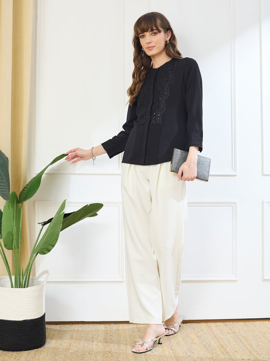 Latin Quarters Women's Black 3/4th Sleeves Mandarin Neck Casual Embellished Tunic