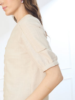 Latin Quarters Women's Beige Half Sleeves V-Neck Casual Solid Top