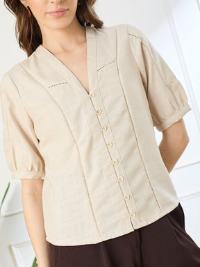 Latin Quarters Women's Beige Half Sleeves V-Neck Casual Solid Top