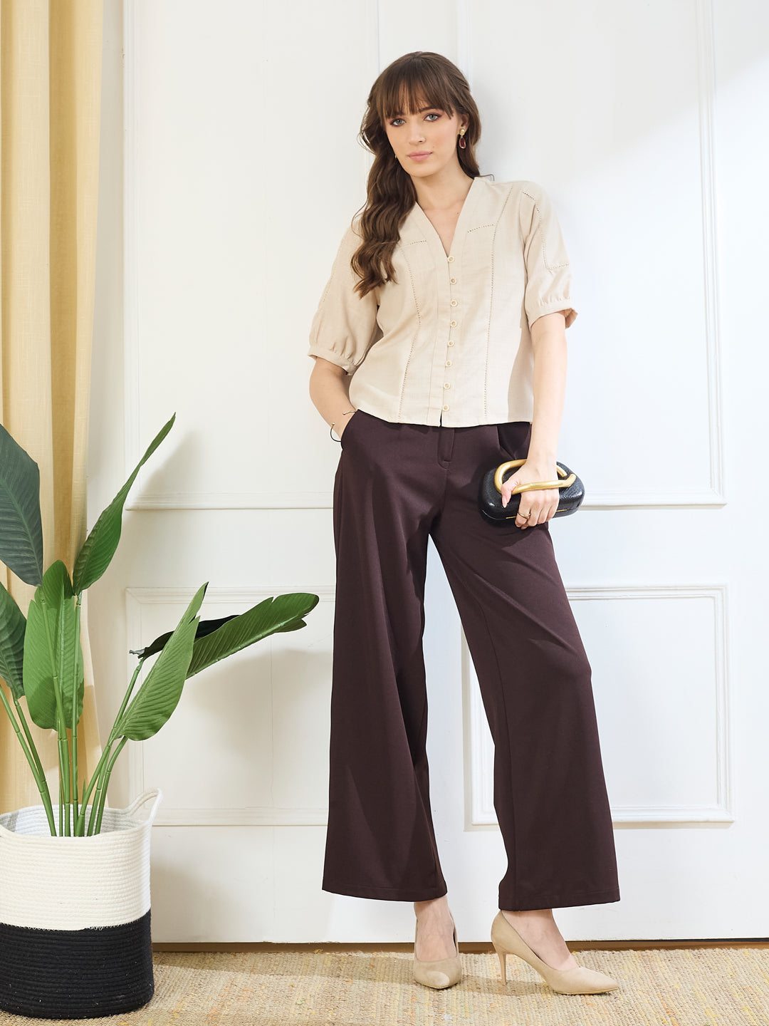 Latin Quarters Women's Beige Half Sleeves V-Neck Casual Solid Top