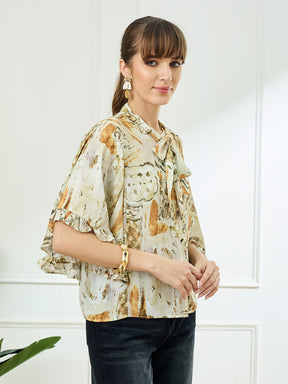 Latin Quarters Women's Mustard Half Sleeves Tie Neck Casual Printed Top