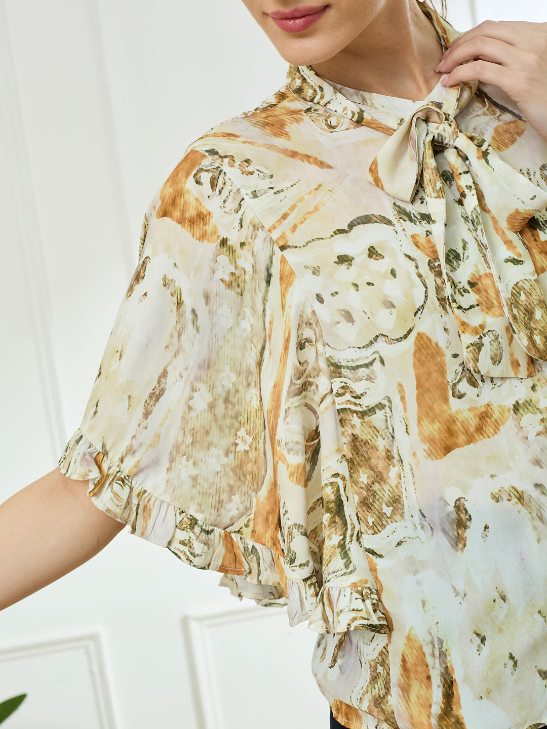 Latin Quarters Women's Mustard Half Sleeves Tie Neck Casual Printed Top