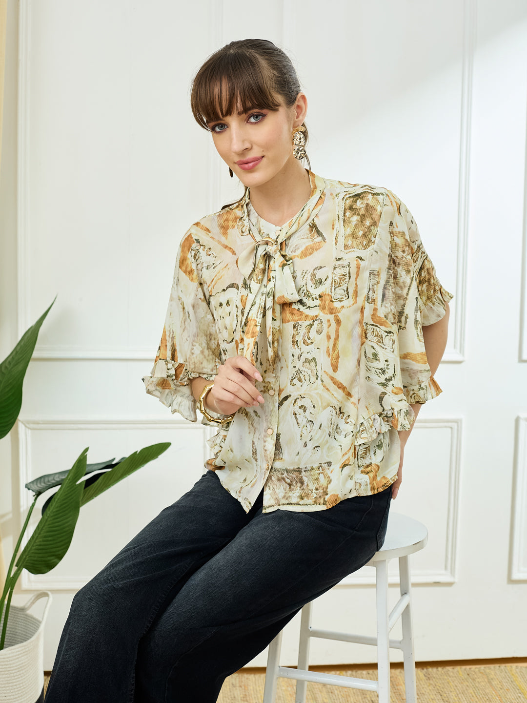 Latin Quarters Women's Mustard Half Sleeves Tie Neck Casual Printed Top