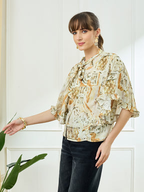 Latin Quarters Women's Mustard Half Sleeves Tie Neck Casual Printed Top