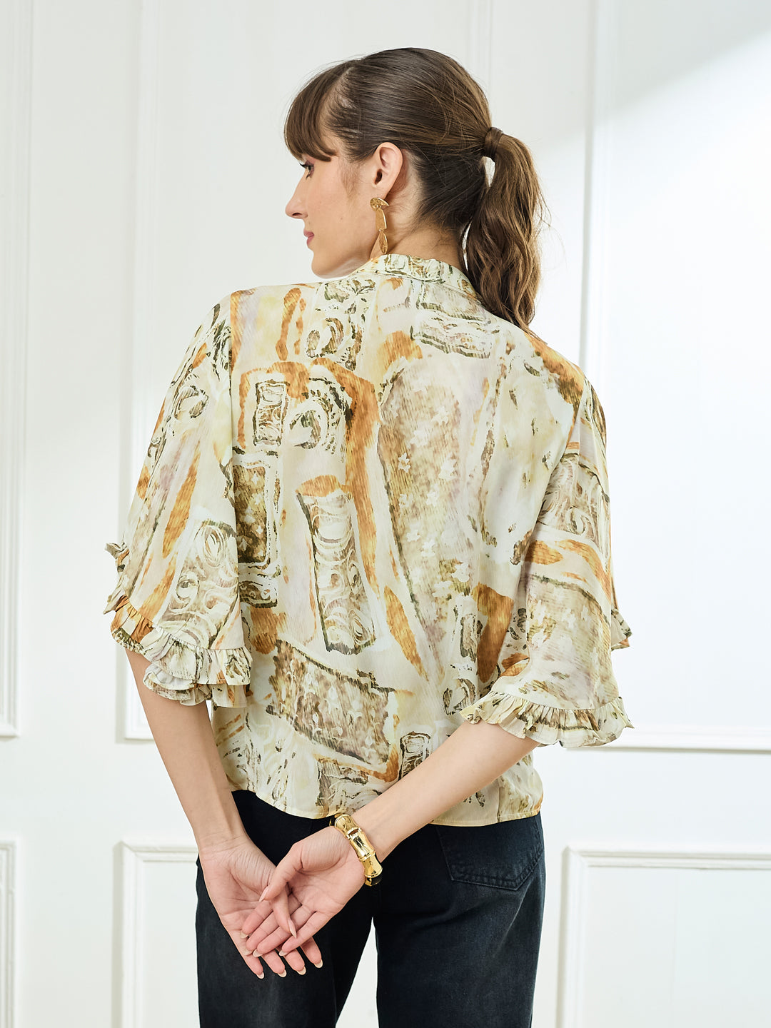 Latin Quarters Women's Mustard Half Sleeves Tie Neck Casual Printed Top