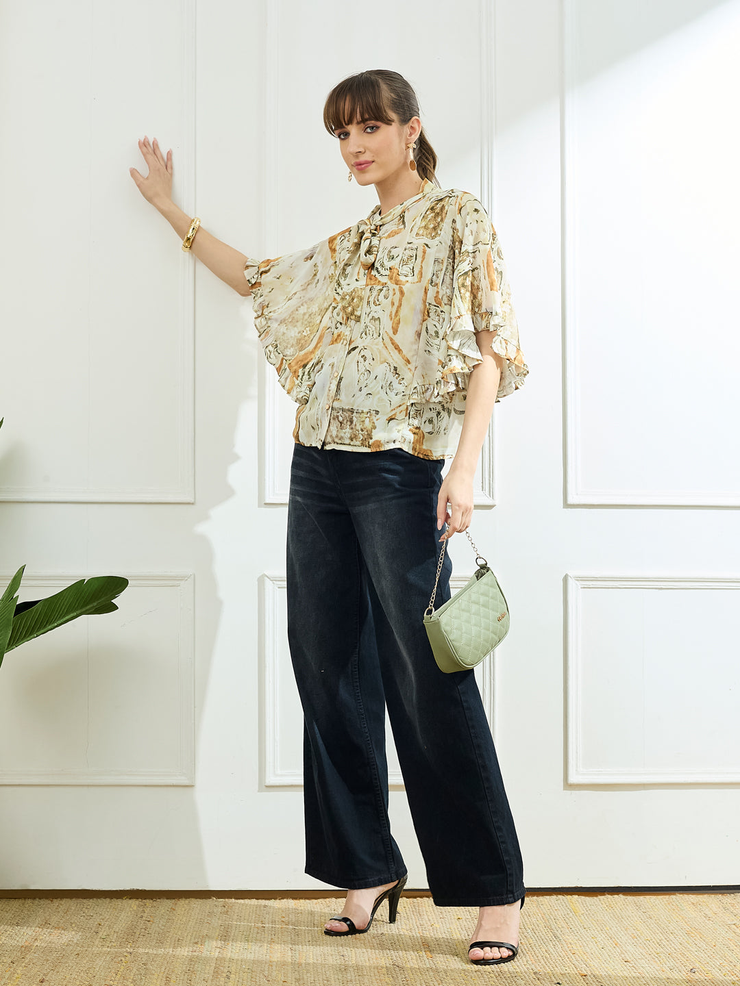 Latin Quarters Women's Mustard Half Sleeves Tie Neck Casual Printed Top