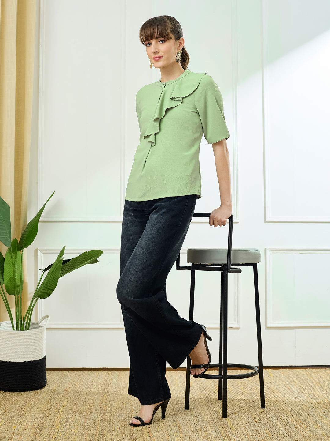 Latin Quarters Women's Green Half Sleeves Mandarin Neck Casual Solid Top
