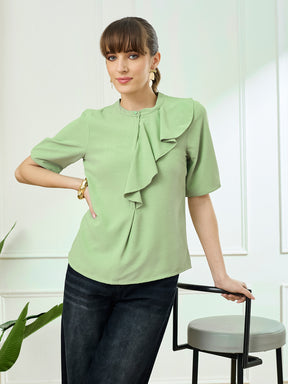 Latin Quarters Women's Green Half Sleeves Mandarin Neck Casual Solid Top