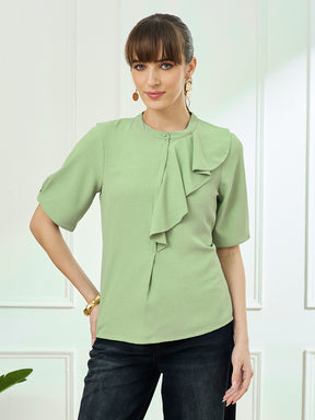 Latin Quarters Women's Green Half Sleeves Mandarin Neck Casual Solid Top