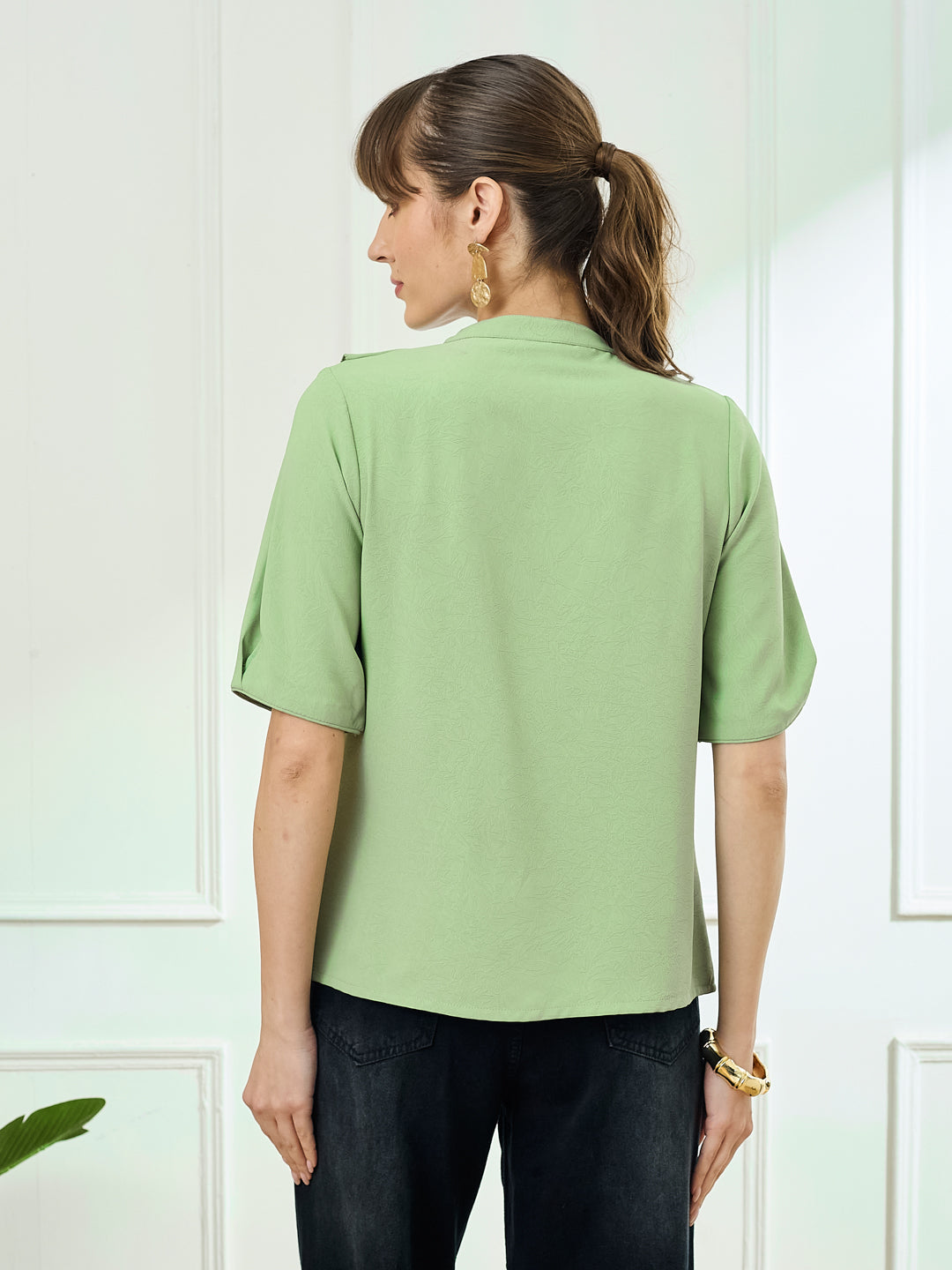Latin Quarters Women's Green Half Sleeves Mandarin Neck Casual Solid Top