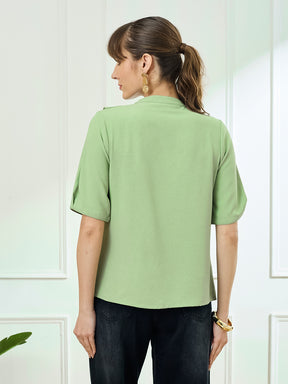 Latin Quarters Women's Green Half Sleeves Mandarin Neck Casual Solid Top