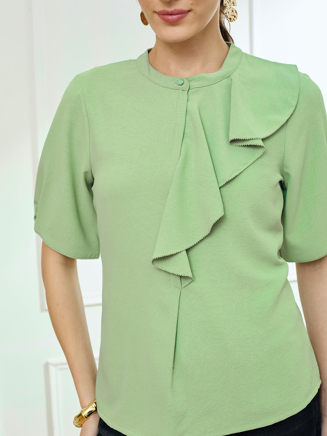 Latin Quarters Women's Green Half Sleeves Mandarin Neck Casual Solid Top