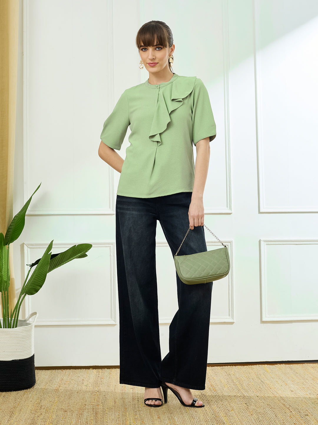 Latin Quarters Women's Green Half Sleeves Mandarin Neck Casual Solid Top