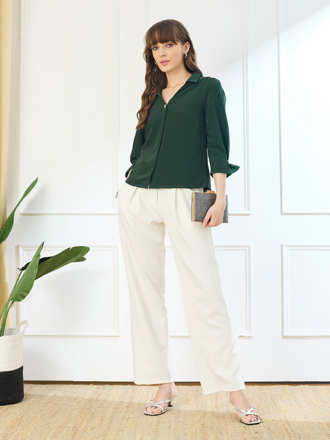 Latin Quarters Women's Green 3/4th Sleeves Collar Neck Casual Solid Top