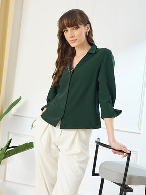 Latin Quarters Women's Green 3/4th Sleeves Collar Neck Casual Solid Top