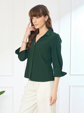 Latin Quarters Women's Green 3/4th Sleeves Collar Neck Casual Solid Top