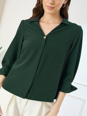 Latin Quarters Women's Green 3/4th Sleeves Collar Neck Casual Solid Top
