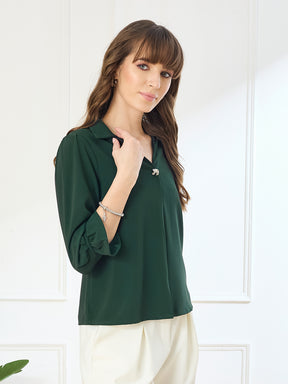 Latin Quarters Women's Green 3/4th Sleeves Collar Neck Casual Solid Top