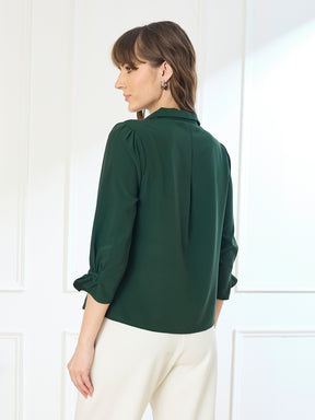 Latin Quarters Women's Green 3/4th Sleeves Collar Neck Casual Solid Top