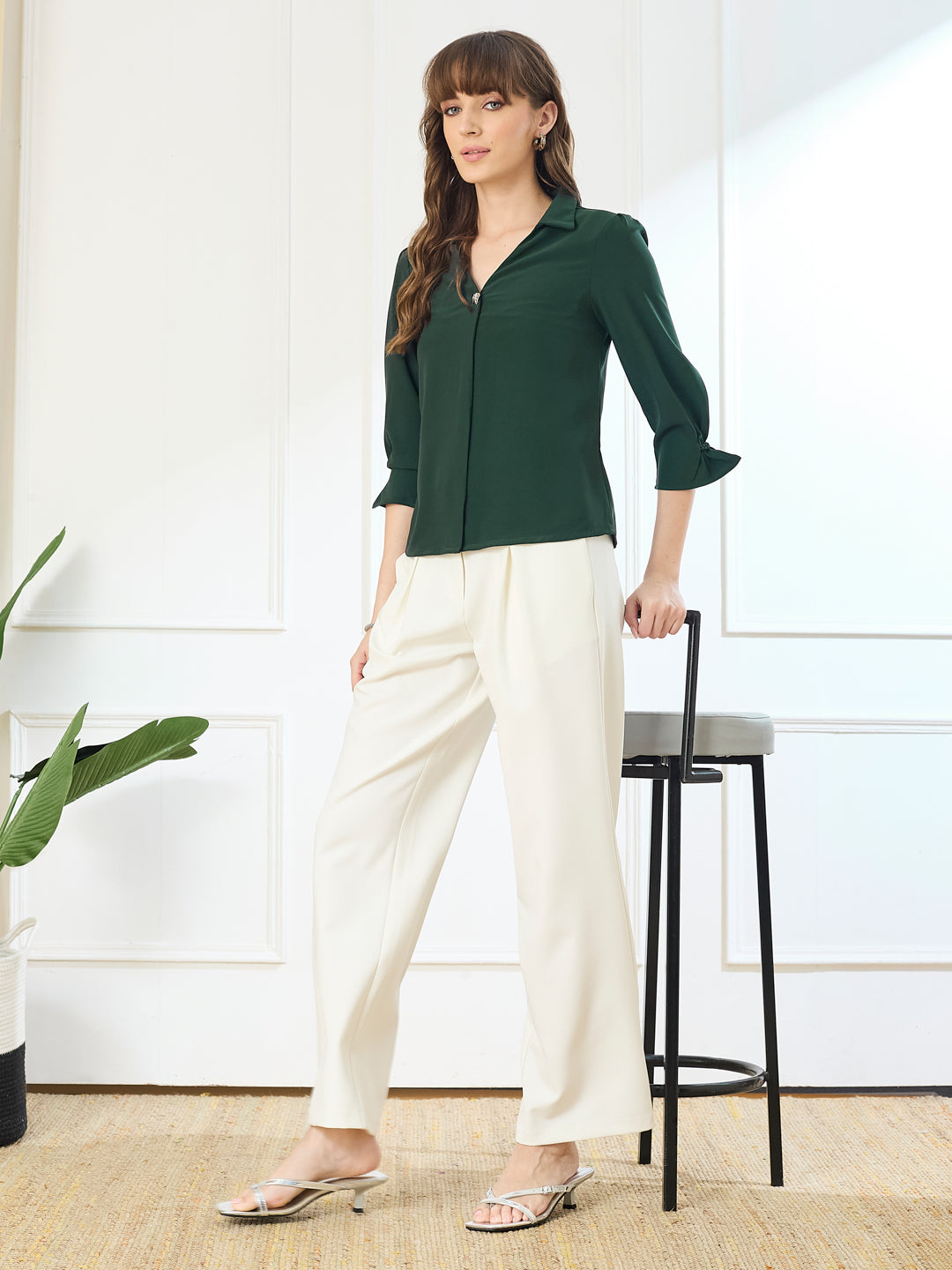 Latin Quarters Women's Green 3/4th Sleeves Collar Neck Casual Solid Top