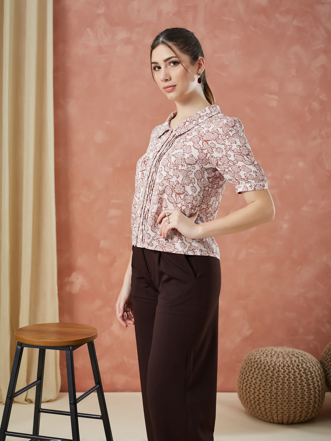 Latin Quarters Women's Pink Half Sleeves Printed Collared Casual Shirt