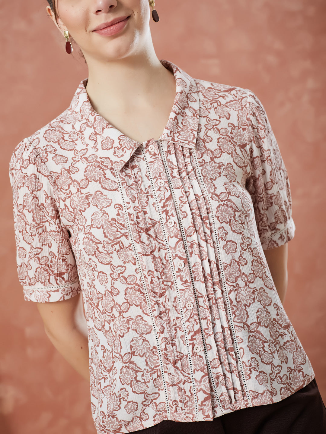 Latin Quarters Women's Pink Half Sleeves Printed Collared Casual Shirt