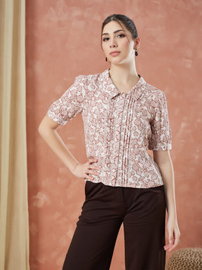 Latin Quarters Women's Pink Half Sleeves Printed Collared Casual Shirt