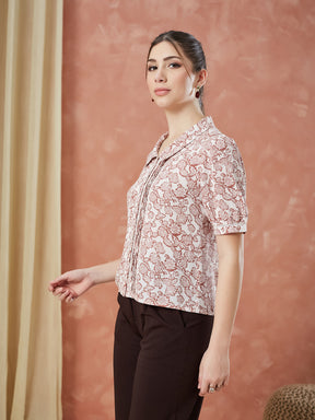 Latin Quarters Women's Pink Half Sleeves Printed Collared Casual Shirt