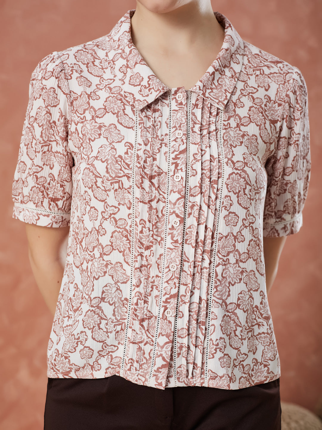Latin Quarters Women's Pink Half Sleeves Printed Collared Casual Shirt