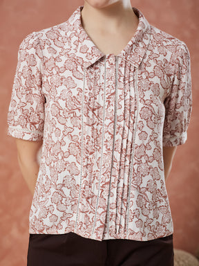 Latin Quarters Women's Pink Half Sleeves Printed Collared Casual Shirt