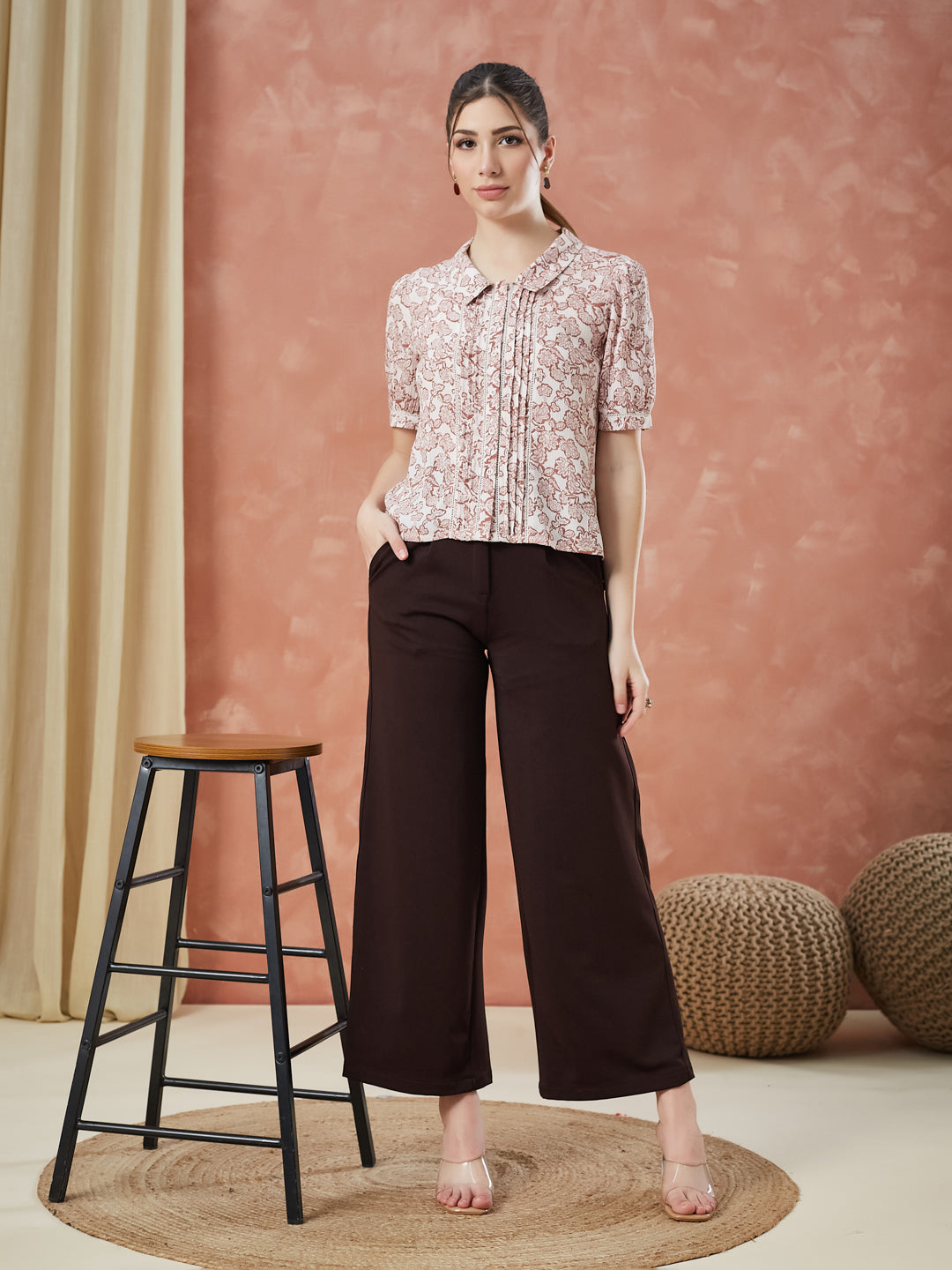 Latin Quarters Women's Pink Half Sleeves Printed Collared Casual Shirt