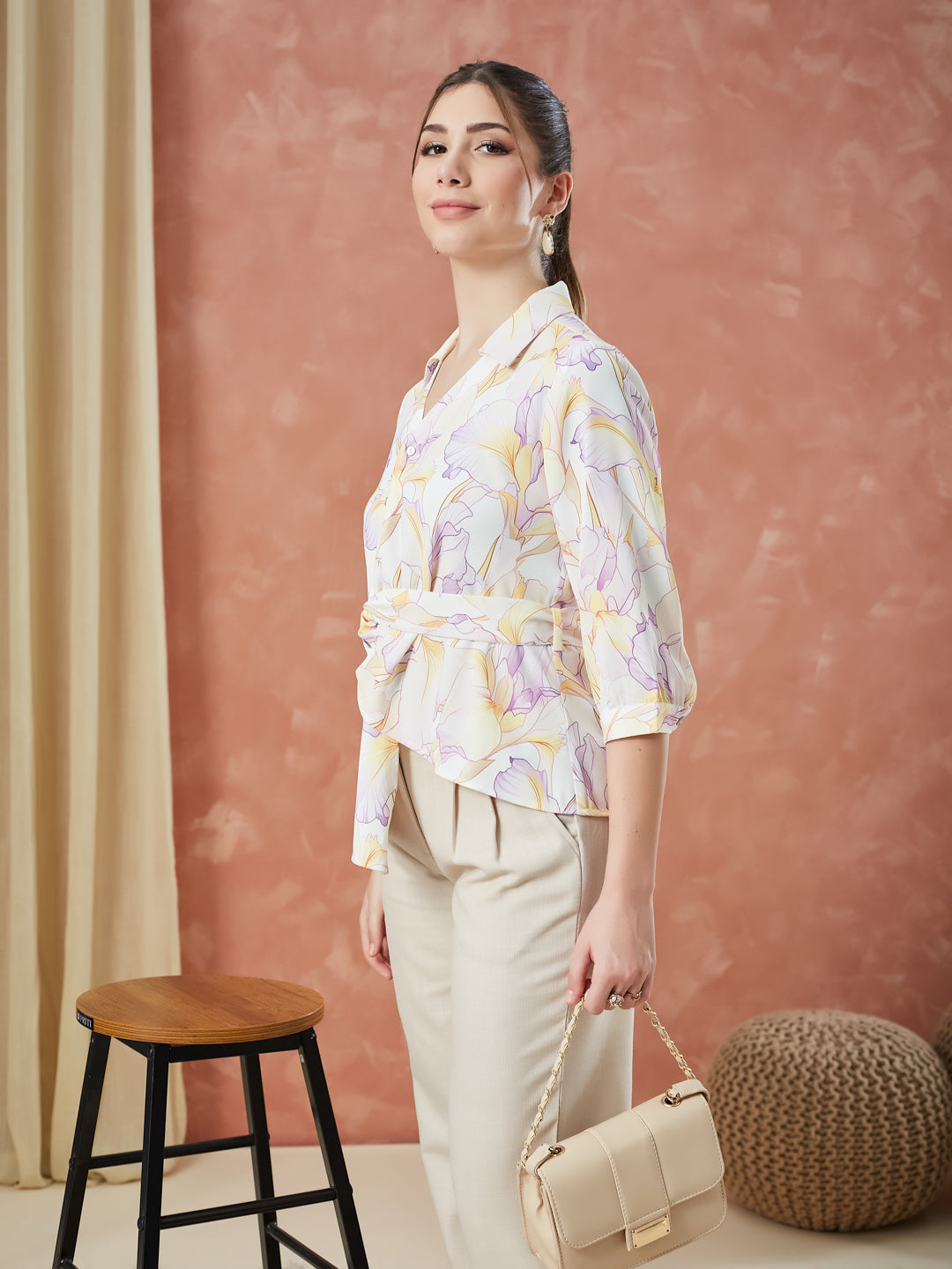 Latin Quarters Women's Lilac 3/4Th Sleeves Printed Collared Casual Shirt