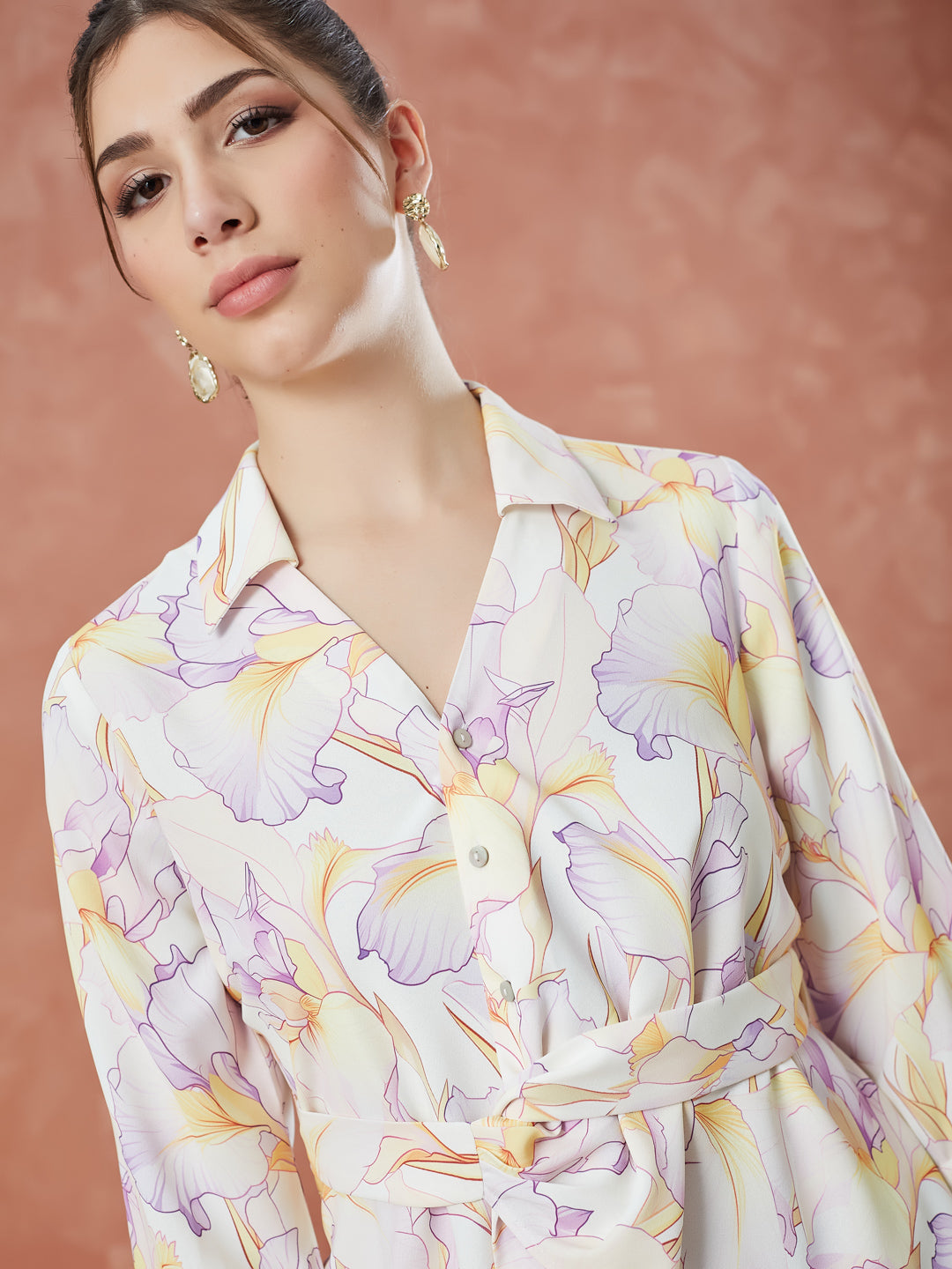 Latin Quarters Women's Lilac 3/4Th Sleeves Printed Collared Casual Shirt