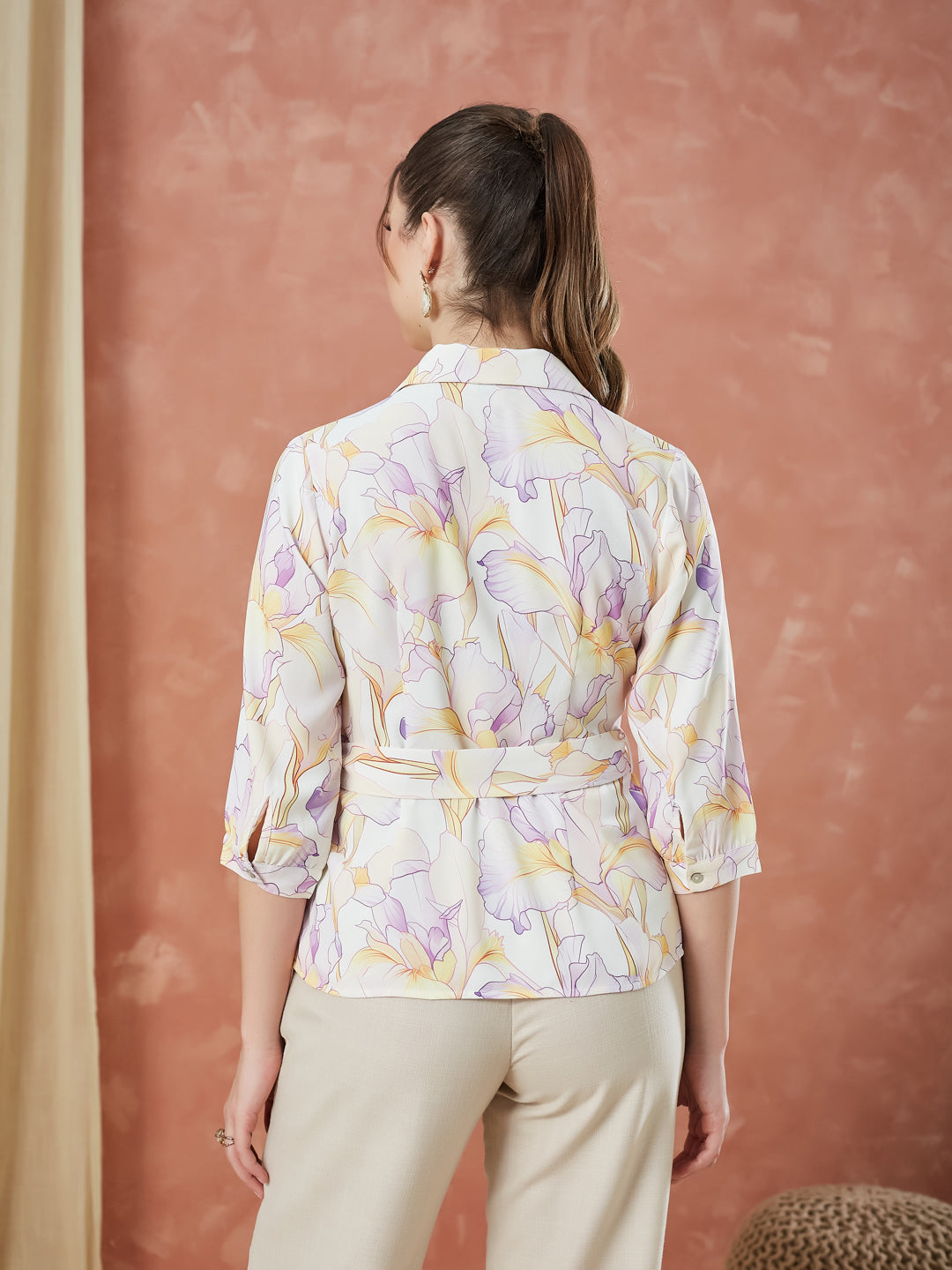 Latin Quarters Women's Lilac 3/4Th Sleeves Printed Collared Casual Shirt