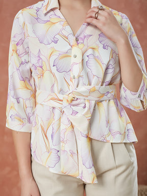 Latin Quarters Women's Lilac 3/4Th Sleeves Printed Collared Casual Shirt