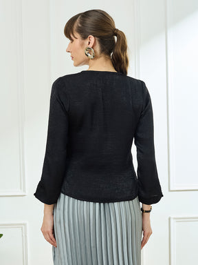 Latin Quarters Women's Black 3/4th Sleeves V-Neck Casual Solid Top