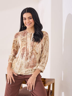 Latin Quarters Women's Beige Printed 3/4th Sleeve Round Neck Casual Top