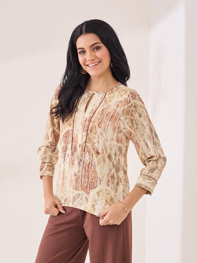 Latin Quarters Women's Beige Printed 3/4th Sleeve Round Neck Casual Top